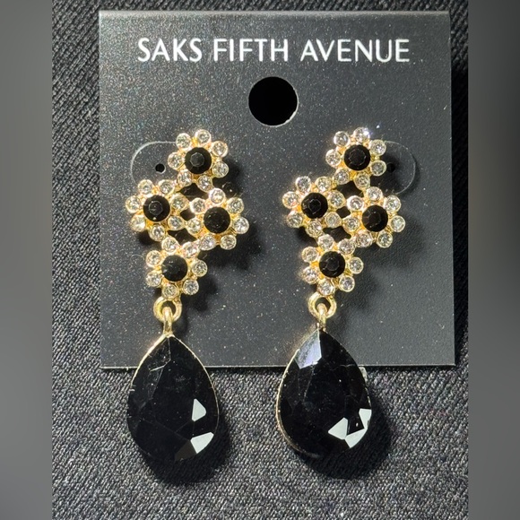 Glamorous Saks Fifth Avenue Red Flower Post With Crystal Teardrop Earrings - Picture 2 of 6